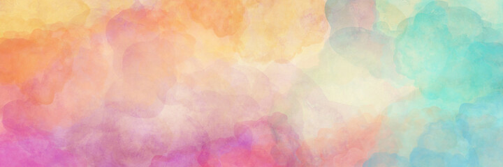 Obraz premium Colorful watercolor background of abstract sunset sky with puffy clouds in bright rainbow colors of pink blue yellow orange and purple