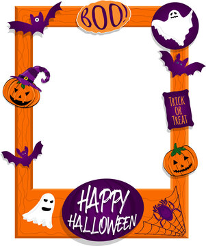 Orange halloween photo frame poster with pumpkins, bats, spider and ghosts. Photoboth concept
