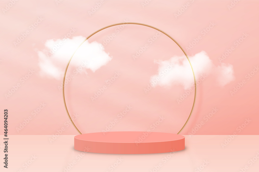 Poster 3d podium with clouds on abstract background. Abstract scene with podium or platform for product presentation. Luxury background in pastel colors with podium mockup. Vector