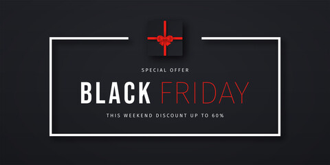 Black Friday banner. Gift box with red bow on dark background. Black Friday horizontal promotion banner in rectangle frame. Luxury background for Black Friday sale. Vector