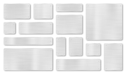 Set of metal plaques, banners and tags. Metal plate and plaque with realistic steel texture and scratches. Metal background with silver stainless texture. Vector