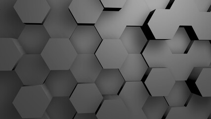 Abstract hexagon geometry background. 3d render of simple primitives with six angles in front. Dark lighting.