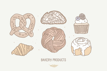 Vector illustration,  outline drawing. Set of hand-drawn icons. Bakery products, pastries. Pretzel, bread, berry muffin, croissant, babka, cinnamon bun with frosting. Homemade cakes, holiday recipes.