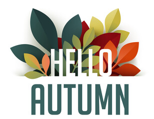 Hello Autumn header with colorful leaves on white background. Seasonal banner in trendy paper cut style. Vector illustration for business presentation and web marketing