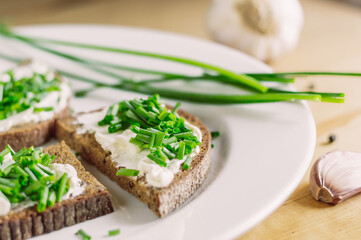 rye bread sandwiches with fresh cheeses and green onions