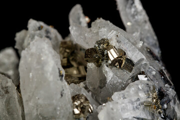 Macro mineral stone Galena, Sphalerite, Pyrite, Quartz on a black background