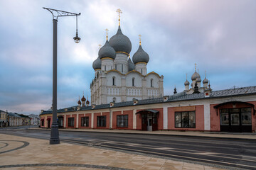 View of the Assumption Cathedral of the Rostov Kremlin from Mytny Dvor on a cloudy autumn morning,...