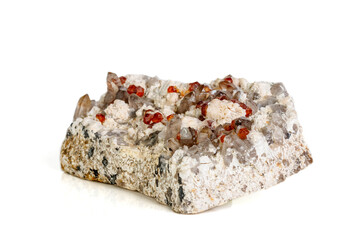 Macro mineral stone Spessartine, Feldspar, Smoky quartz, on a white background