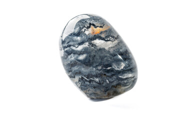 Macro mineral quartz stone with dumortierite on a white background