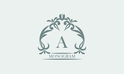 Graceful monogram in gray tones with the inscription and the letter A. Exquisite sign, logo of a restaurant, boutique, hotel, business