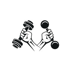 Two hands are clenched into a fist, holding dumbbells up. Vector illustration, flat minimal design, isolated on white background, eps 10. Concept: sport, workout, athletics, fitness.
