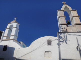 Traditional white church in the island of Mykonos. Greece