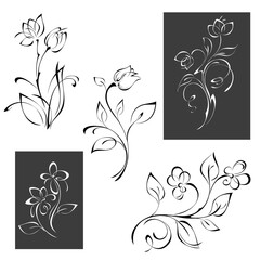 stylized flowers on stems with leaves. graphic decor, set