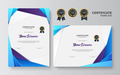 Appreciation and achievement certificate template design in two options. Set certificate template with dynamic and futuristic polygonal color and modern background with gold badge and border