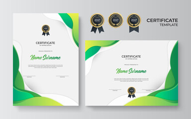 Appreciation and achievement certificate template design in two options. Set certificate template with dynamic and futuristic polygonal color and modern background with gold badge and border