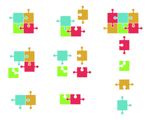 Naklejka premium A set of multi-colored puzzles, assembled and disassembled, together and separately, blue, yellow, red, green. Vector illustration, flat cartoon color minimal design isolated on white background, eps 