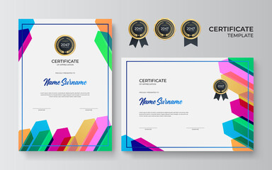 Appreciation and achievement certificate template design in two options. Set certificate template with dynamic and futuristic polygonal color and modern background with gold badge and border