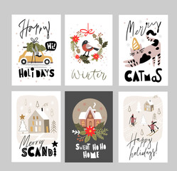 Christmas and Happy New Year set greeting cards with hand calligraphy.