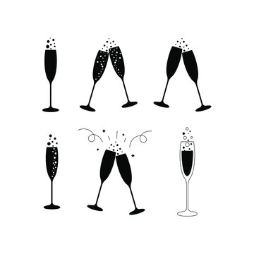 Champagne glasses icons set. Festive drink, black silhouette, sparkling wine, significant event, toast. Wine glasses with gas bubbles. Vector illustration, flat cartoon design, isolated.