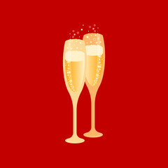 Two golden glasses with champagne, isolated on a red background. Sparkling festive drink in tall glasses, with gas bubbles, sparkles, glow. Vector illustration, flat cartoon design, eps 10.