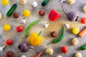 flatlay from a variety of fresh vegetables on the table. Healthy food concept