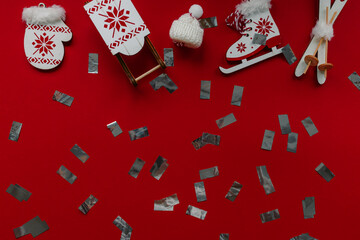Christmas background, decorations on red. New Year flatlay