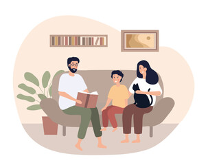 Happy family time. Mother and father spend evening with their son. Parents and kid spent leisure time at home, entertainment, reading. Cartoon flat vector illustration isolated on white background