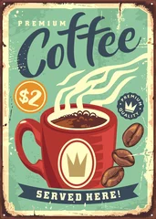 Fotobehang Retro compositie Cafe bar retro sign design with cup of coffee and coffee beans. Vintage ad graphic drinks and beverages. Vector image.