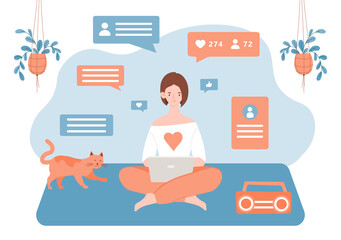Chatting in messenger. Girl communicates with friends via Internet, social networks. Modern technology, laptop, internet, cat, pet. Cartoon flat vector illustration isolated on white background