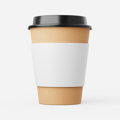 Disposable coffee cup with sleeve and lid on a plain background. 3d render.