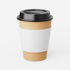 Disposable coffee cup with sleeve and lid on a plain background. 3d render.