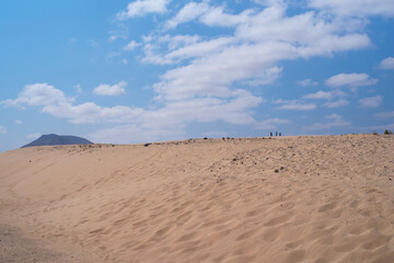 Fototapeta na wymiar The sand dunes. Wandering dunes El Jable, Las Dunas de Corralejo, Corralejo Natural Park, Fuerteventura, Canary Islands, Spain.