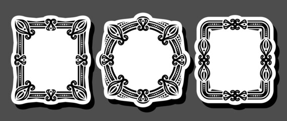 Vector set of decorative Frames, collection of 3 cut out vintage tags with black elegant illustrations and white copy space, three square and circle classic frames with shadow on gray background.