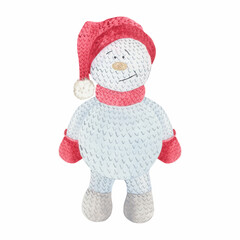 Watercolor knitted toy snowman. Perfect for printing, web, textile design, souvenirs and other ideas.