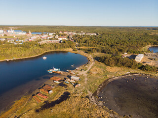 Fototapeta na wymiar View of the School Bay. Parking for local residents' boats. Russia, Arkhangelsk region, Solovki 
