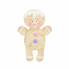 Watercolor knitted toy gingerbread man. Perfect for printing, web, textile design, souvenirs and other ideas.