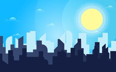 Morning, day city skyline landscape, town buildings in different time and urban cityscape town sky. Daytime cityscape. Architecture silhouette downtown background. Flat design for flyers, cards