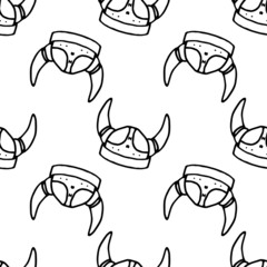 A pattern of a Viking helmet with horns. Seamless pattern of Vintage Scandinavian doodle style helmet with horns, isolated black line randomly positioned on white for design pattern