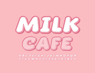 Vector Sign Milk Cafe. Stylish White Font. Artistic Alphabet Letters and Numbers