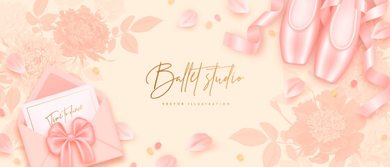 Ballet studio banner with realistic ballet pointe shoes fashion pair and envelope on a beige floral background. Vector illustration of traditional footwear ballerina