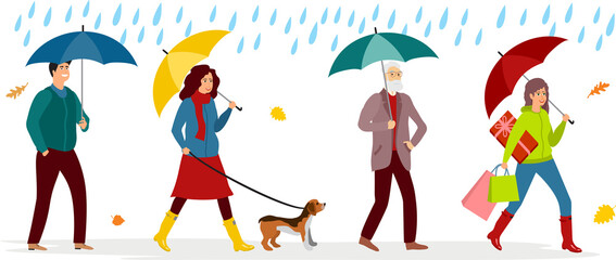 People walking under rain. Autumn weather, man and woman with umbrella vector illustration. Umbrellas woman and man concept.