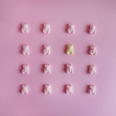 Be different concept, A square photo of pink gummy bears on a pastel pink background, Unique, One...