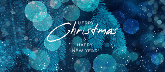 Merry Christmas & Happy New Year Card Design Over Magical Blue Bokeh Lights and Snow Background with Christmas Tree Evergreen Pine Branches