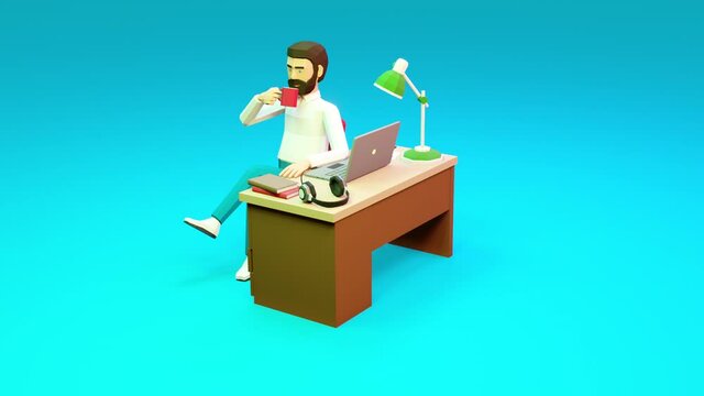 Working Day Programmer With Laptop - Low Poly Animation. Office man working and relaxing at table. 3d looped animation.