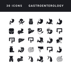 Gastroenterology. Collection of perfectly simple monochrome icons for web design, app, and the most modern projects. Universal pack of classical signs for category Medicine.
