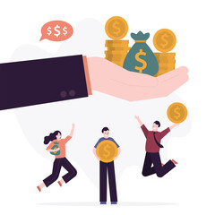 Hand holds money for payment of wages and dividends. Boss give paycheck. Payday, earnings. Group of happy managers with golden coins. Employees receive salary.