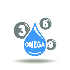 Vector illustration of drop with text omega and fat molecule 3, 6, 9. Symbol of omega-3, omega-6, omega-9 supplements. Icon of supplement. - obrazy, fototapety, plakaty