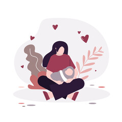 Beautiful woman sitting with newborn baby. Happy childbirth and motherhood. Cartoon lady sit in flowers. Cute girl with little kid. Mother on natural background