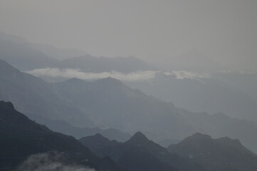 mountains in the fog