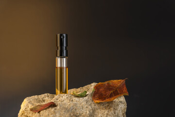 Beautiful glass sprayer bottle standing on a stone with apple leaves. Autumn cosmetic concept composition. Wooden scent perfume sample presentation. Luxury product advertising concept or mockup - obrazy, fototapety, plakaty